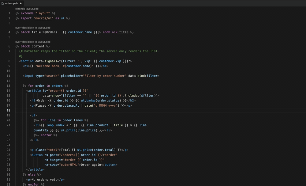Typing in a Pebble template: completion of a model attribute's properties, a custom filter found in the Java sources, an error for an unclosed for loop, an end tag inserted automatically, and a jump into the Kotlin controller.